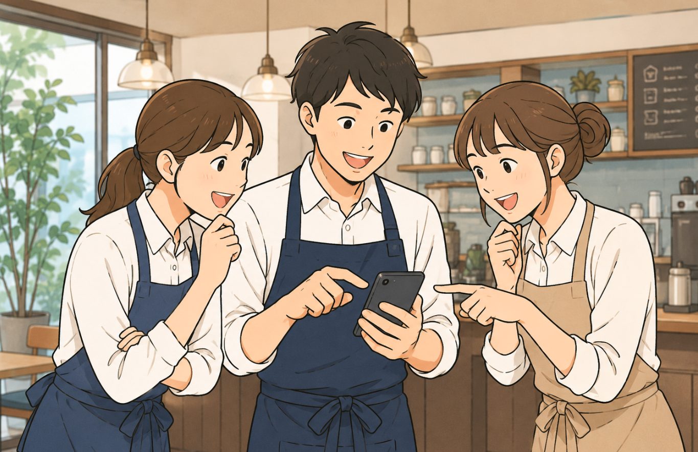 顧客の声をスマホで確認して喜ぶ店舗スタッフのイラスト